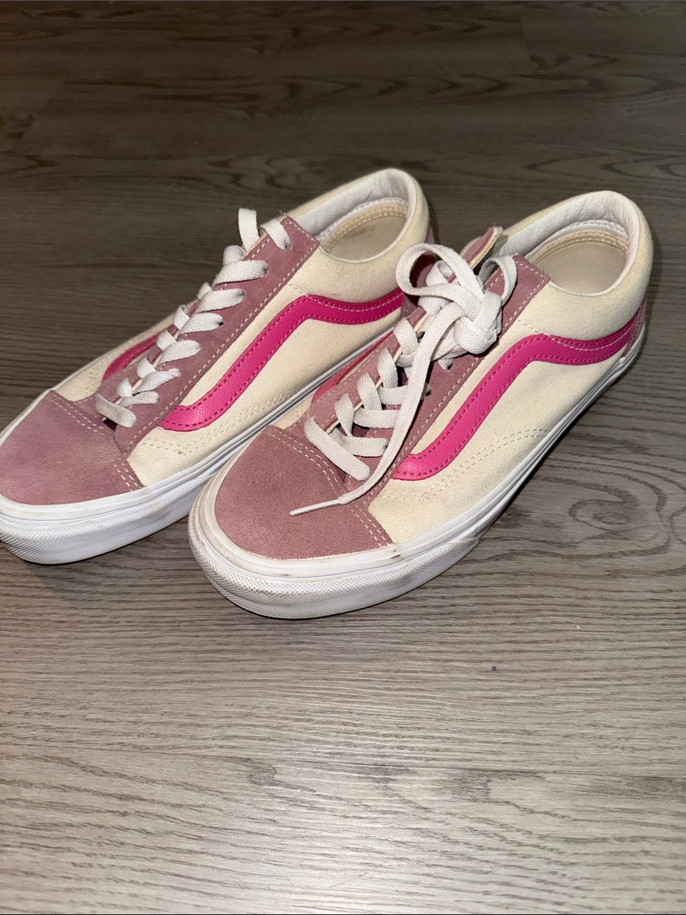 Vans Cream Low-Top Sneakers with Pink and Bright Pink Accents